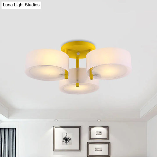 Sleek Macaron Semi Flush Mount Ceiling Light With Frosted Glass Drum Shade - 3 Lights For Kids