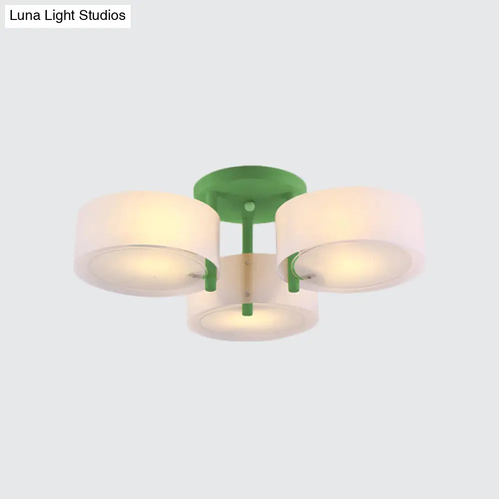 Sleek Macaron Semi Flush Mount Ceiling Light With Frosted Glass Drum Shade - 3 Lights For Kids