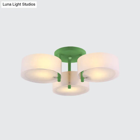 Sleek Macaron Semi Flush Mount Ceiling Light With Frosted Glass Drum Shade - 3 Lights For Kids