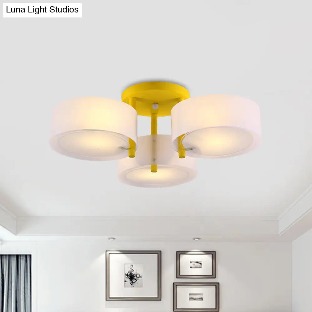 Sleek Macaron Semi Flush Mount Ceiling Light With Frosted Glass Drum Shade - 3 Lights For Kids’