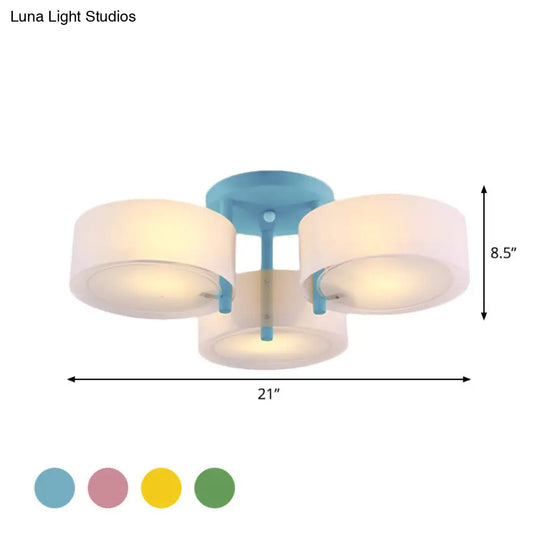 Sleek Macaron Semi Flush Mount Ceiling Light With Frosted Glass Drum Shade - 3 Lights For Kids