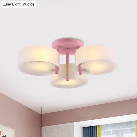 Sleek Macaron Semi Flush Mount Ceiling Light With Frosted Glass Drum Shade - 3 Lights For Kids