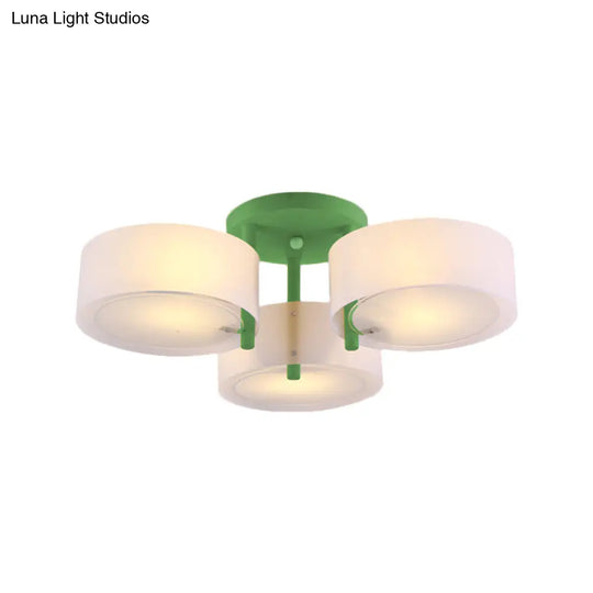 Sleek Macaron Semi Flush Mount Ceiling Light With Frosted Glass Drum Shade - 3 Lights For Kids’