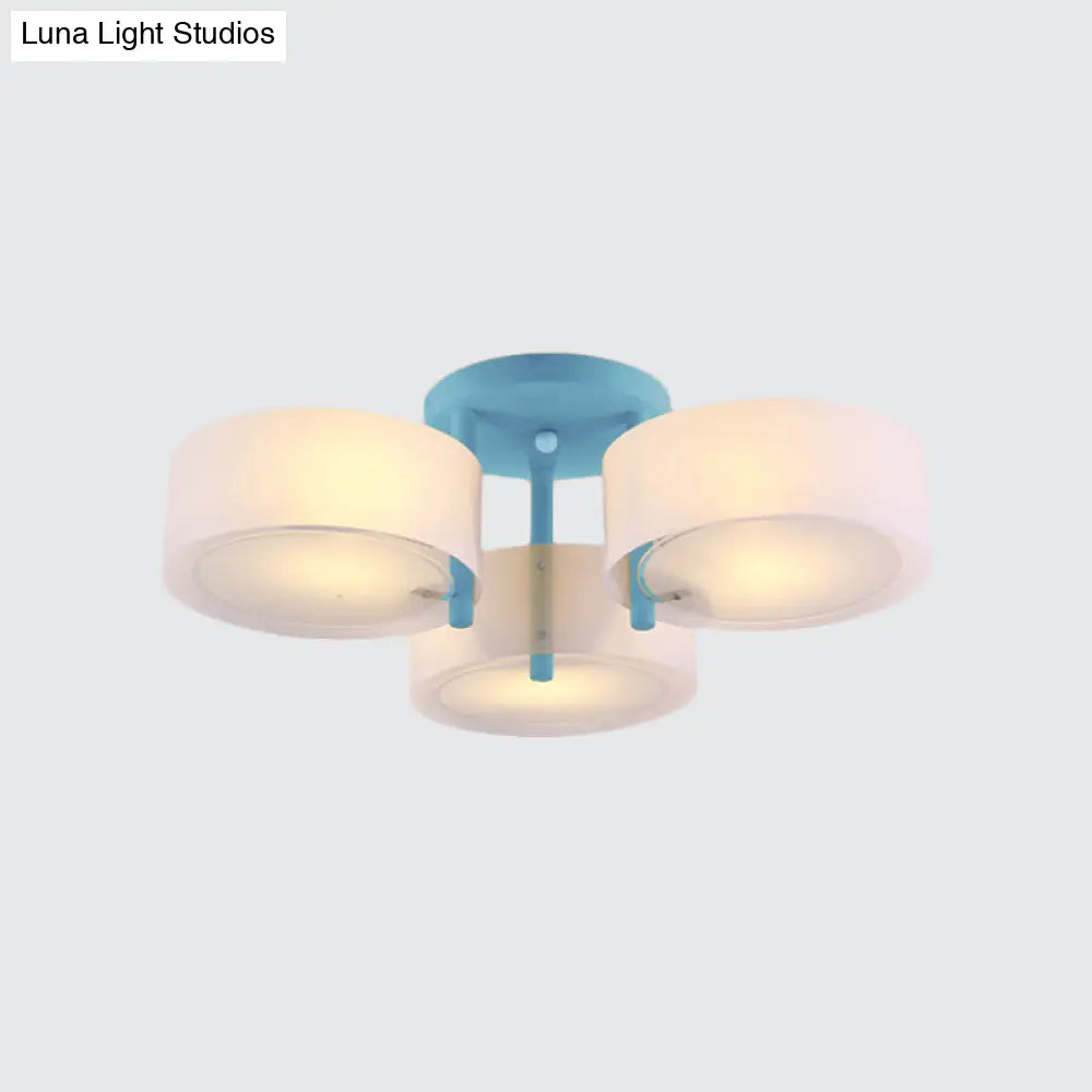 Sleek Macaron Semi Flush Mount Ceiling Light With Frosted Glass Drum Shade - 3 Lights For Kids’