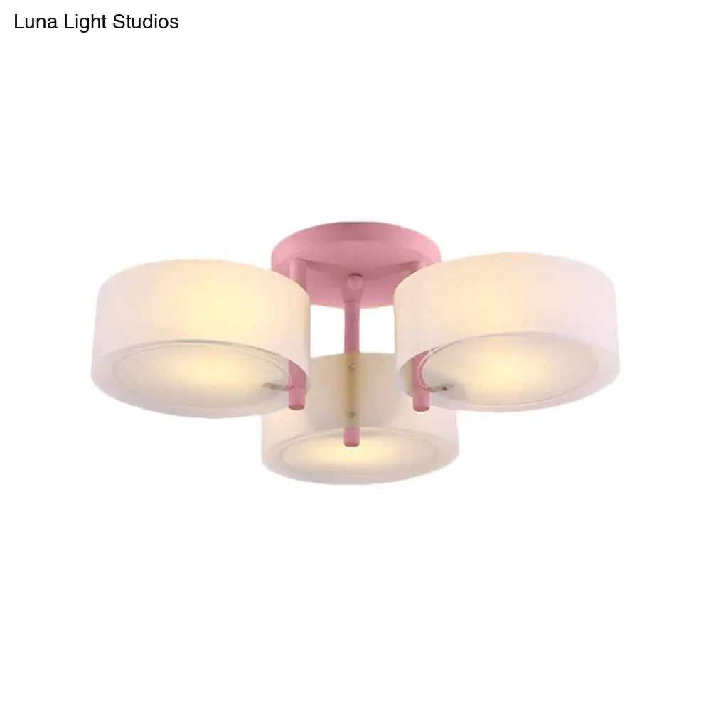 Sleek Macaron Semi Flush Mount Ceiling Light With Frosted Glass Drum Shade - 3 Lights For Kids’