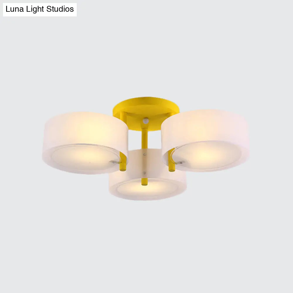 Sleek Macaron Semi Flush Mount Ceiling Light With Frosted Glass Drum Shade - 3 Lights For Kids’