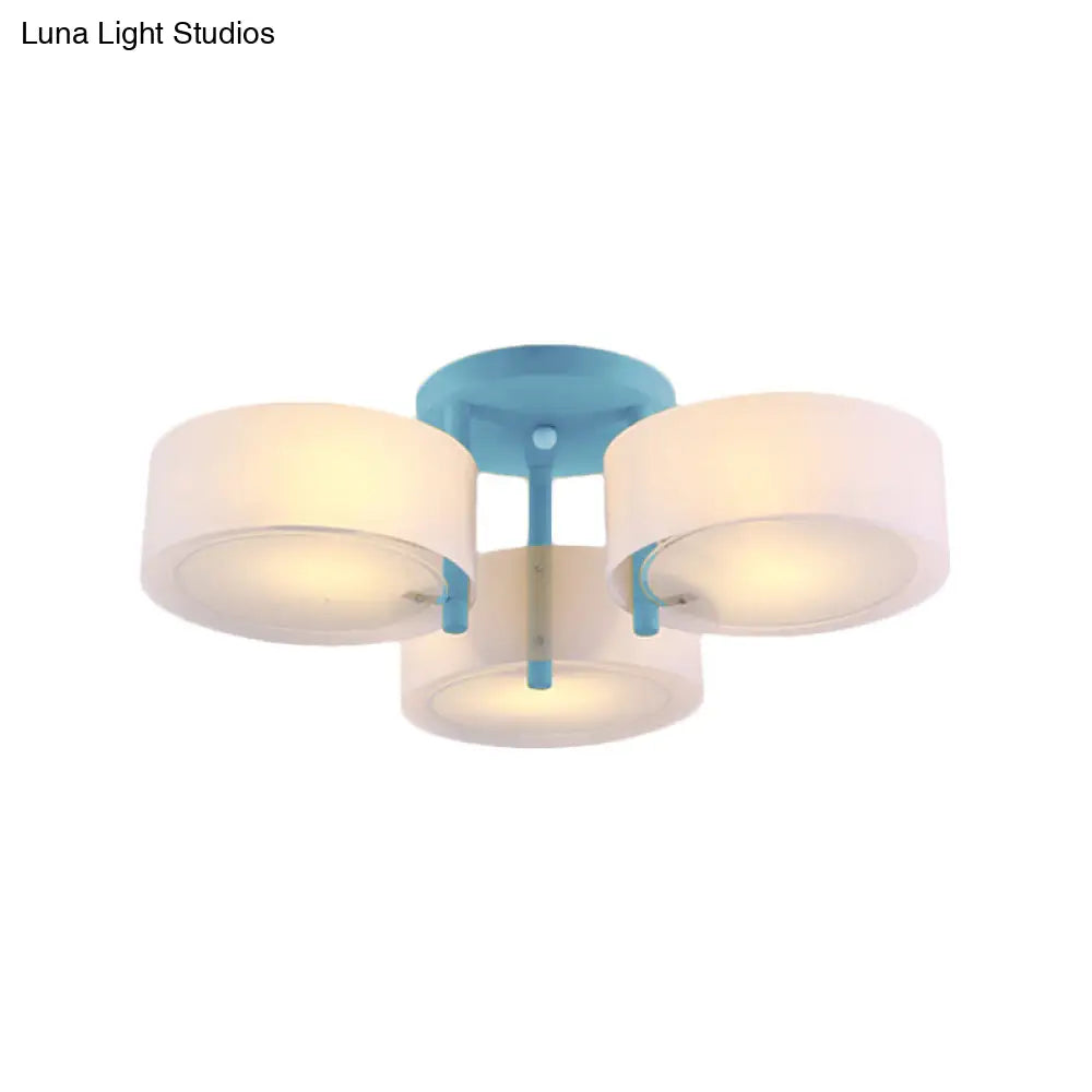 Sleek Macaron Semi Flush Mount Ceiling Light With Frosted Glass Drum Shade - 3 Lights For Kids’