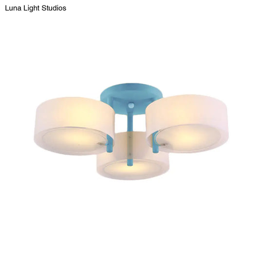 Sleek Macaron Semi Flush Mount Ceiling Light With Frosted Glass Drum Shade - 3 Lights For Kids’