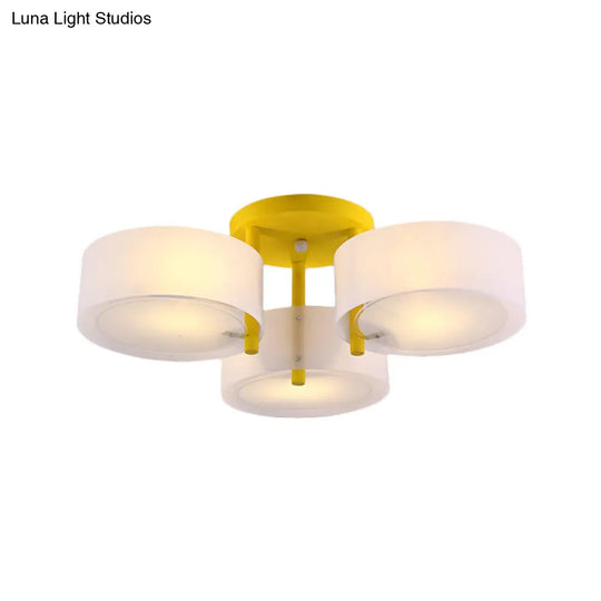 Sleek Macaron Semi Flush Mount Ceiling Light With Frosted Glass Drum Shade - 3 Lights For Kids