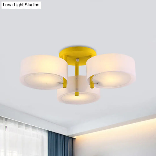 Sleek Macaron Semi Flush Mount Ceiling Light With Frosted Glass Drum Shade - 3 Lights For Kids