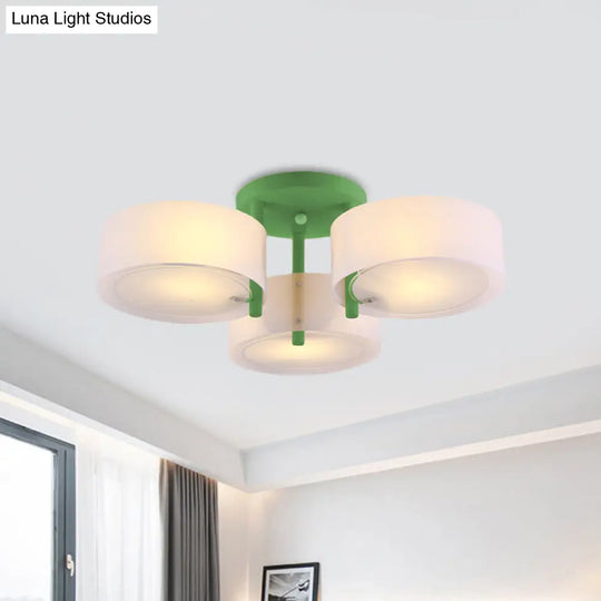 Sleek Macaron Semi Flush Mount Ceiling Light With Frosted Glass Drum Shade - 3 Lights For Kids