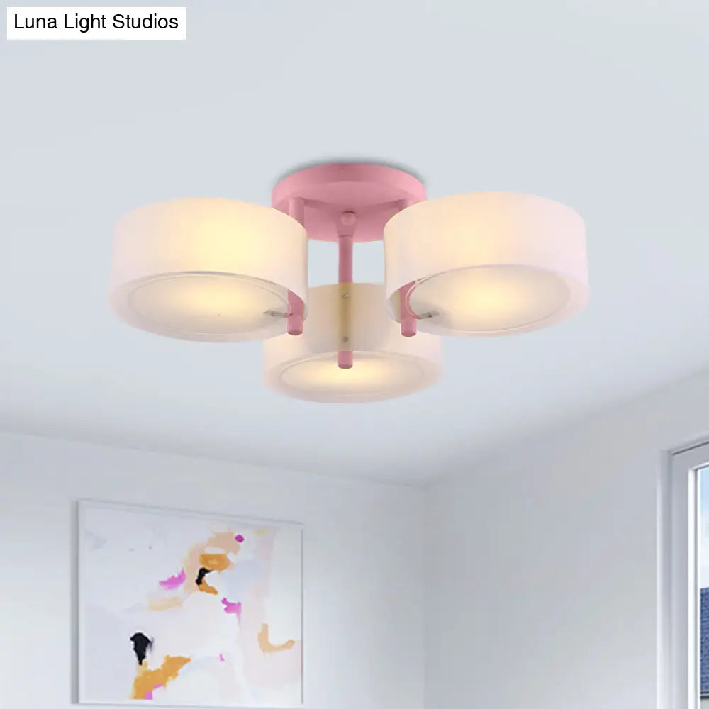 Sleek Macaron Semi Flush Mount Ceiling Light With Frosted Glass Drum Shade - 3 Lights For Kids’