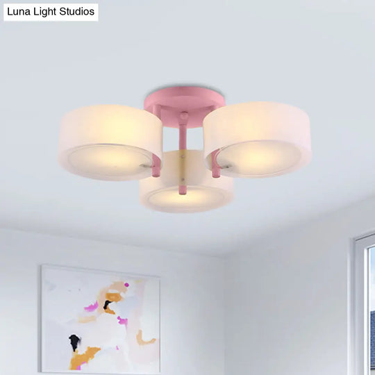 Sleek Macaron Semi Flush Mount Ceiling Light With Frosted Glass Drum Shade - 3 Lights For Kids’