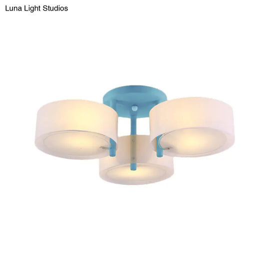 Sleek Macaron Semi Flush Mount Ceiling Light With Frosted Glass Drum Shade - 3 Lights For Kids