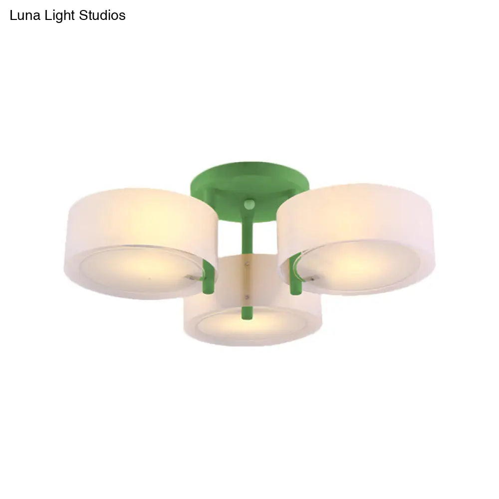 Sleek Macaron Semi Flush Mount Ceiling Light With Frosted Glass Drum Shade - 3 Lights For Kids