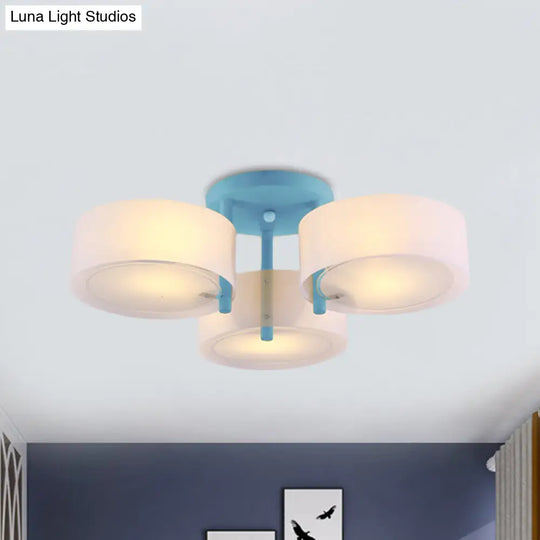 Sleek Macaron Semi Flush Mount Ceiling Light With Frosted Glass Drum Shade - 3 Lights For Kids