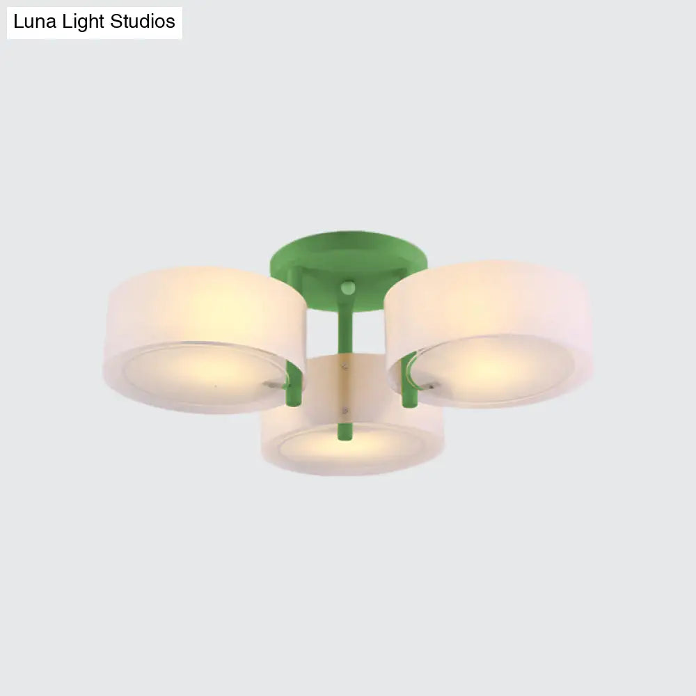 Sleek Macaron Semi Flush Mount Ceiling Light With Frosted Glass Drum Shade - 3 Lights For Kids’