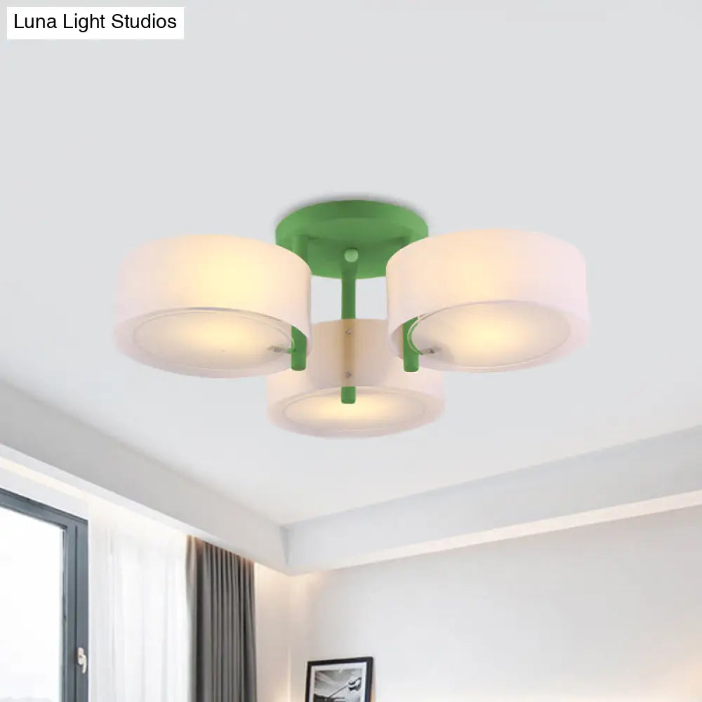 Sleek Macaron Semi Flush Mount Ceiling Light With Frosted Glass Drum Shade - 3 Lights For Kids’