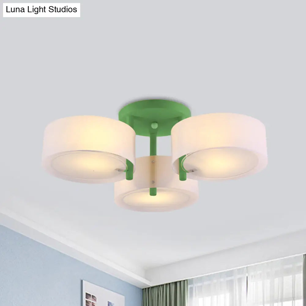 Sleek Macaron Semi Flush Mount Ceiling Light With Frosted Glass Drum Shade - 3 Lights For Kids