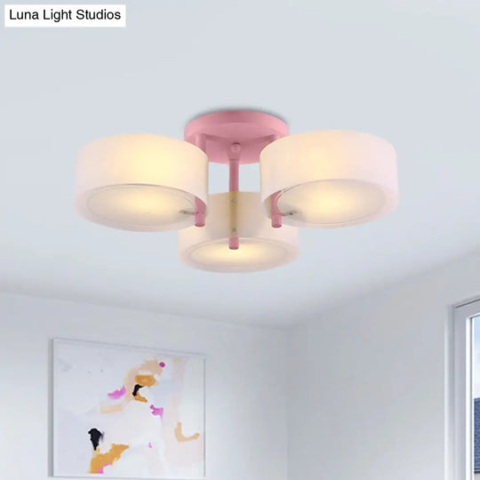 Sleek Macaron Semi Flush Mount Ceiling Light With Frosted Glass Drum Shade - 3 Lights For Kids