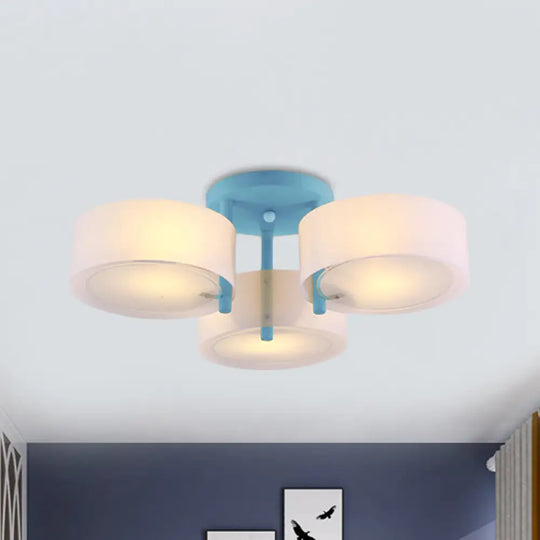 Sleek Macaron Semi Flush Mount Ceiling Light With Frosted Glass Drum Shade - 3 Lights For Kids’