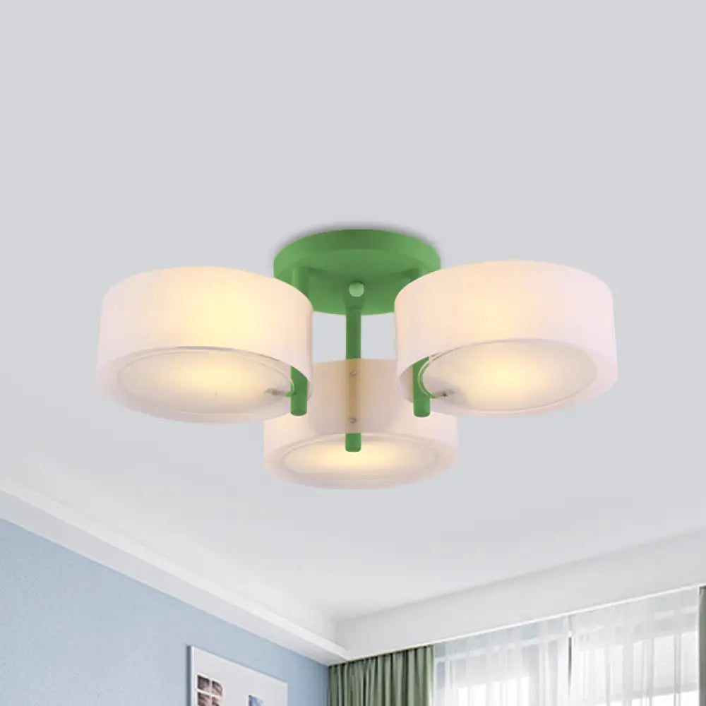 Sleek Macaron Semi Flush Mount Ceiling Light With Frosted Glass Drum Shade - 3 Lights For Kids’