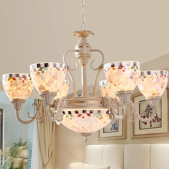 Sleek Mediterranean Shell Dome Chandelier Pendant Light - White Ceiling Suspension Lamp 5/9/11