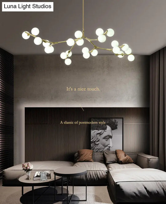 Sleek Metal Chandelier | Minimalistic Tree Branch Suspension Light With White Glass Ball Shade For