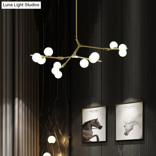 Sleek Metal Chandelier | Minimalistic Tree Branch Suspension Light With White Glass Ball Shade For