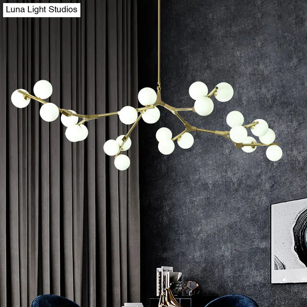 Sleek Metal Chandelier | Minimalistic Tree Branch Suspension Light With White Glass Ball Shade For