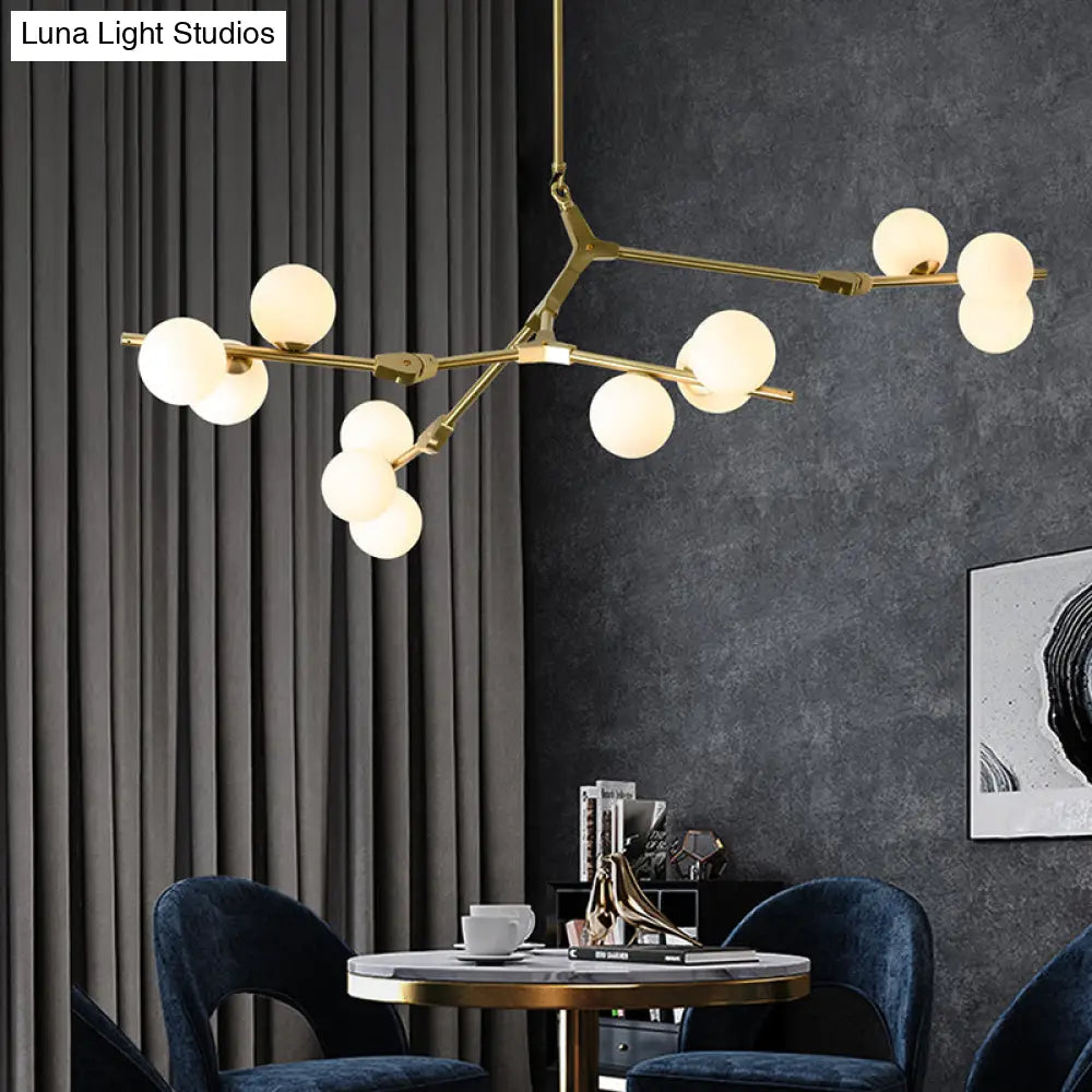 Sleek Metal Chandelier | Minimalistic Tree Branch Suspension Light With White Glass Ball Shade For