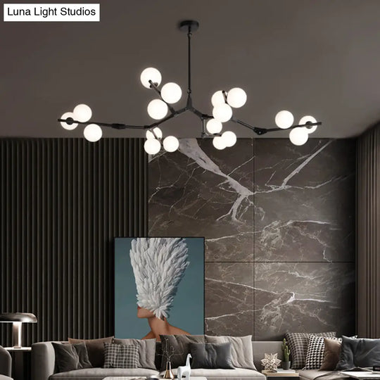 Sleek Metal Chandelier | Minimalistic Tree Branch Suspension Light With White Glass Ball Shade For