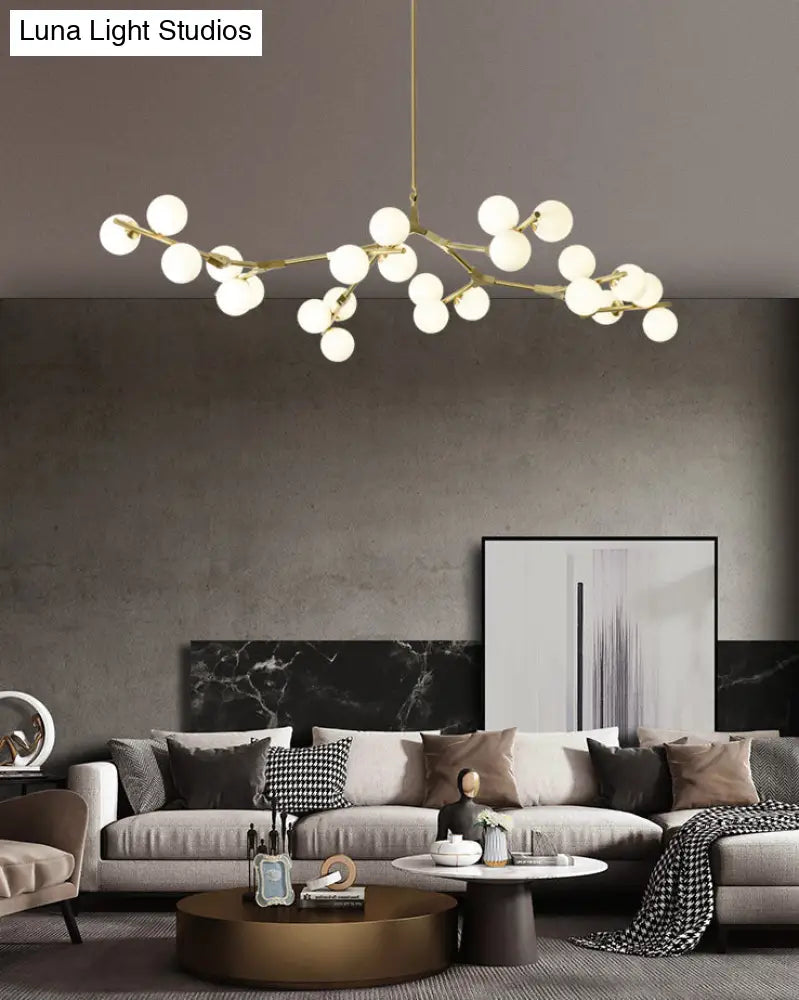 Sleek Metal Chandelier | Minimalistic Tree Branch Suspension Light With White Glass Ball Shade For