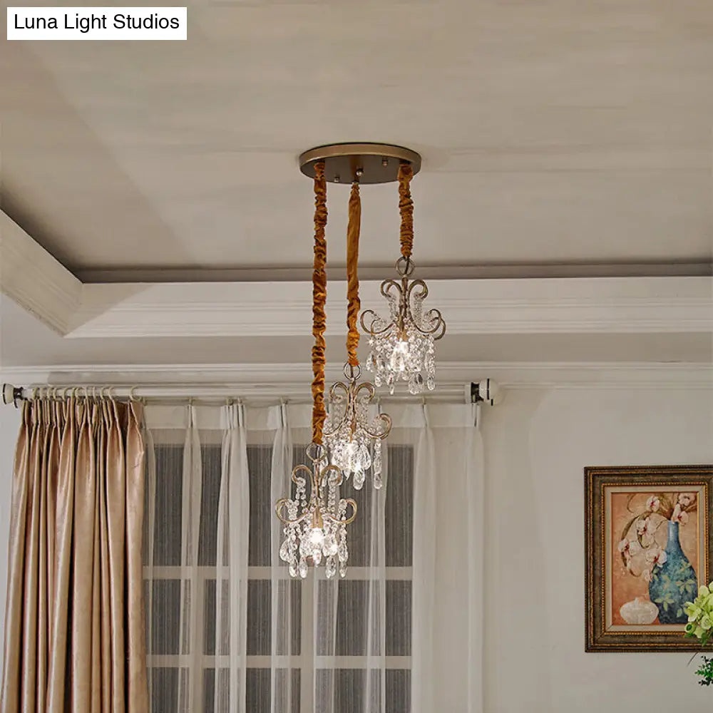 Simplistic Gold Metal Curvy Arm Multi Pendant Light With Crystal Strands - 3 Heads Ceiling Lighting