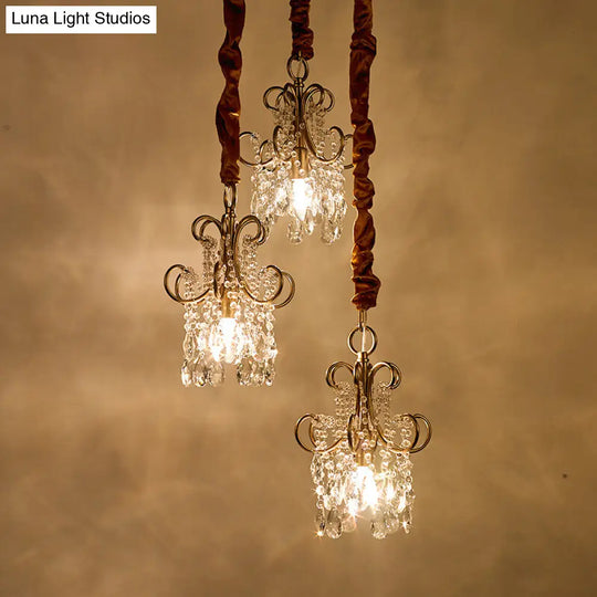 Simplistic Gold Metal Curvy Arm Multi Pendant Light With Crystal Strands - 3 Heads Ceiling Lighting