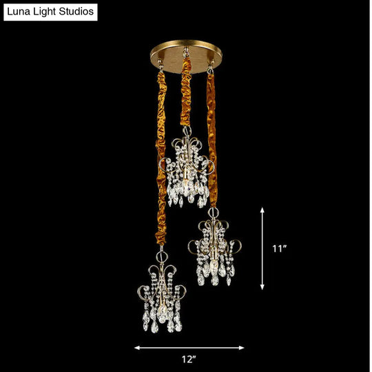 Simplistic Gold Metal Curvy Arm Multi Pendant Light With Crystal Strands - 3 Heads Ceiling Lighting