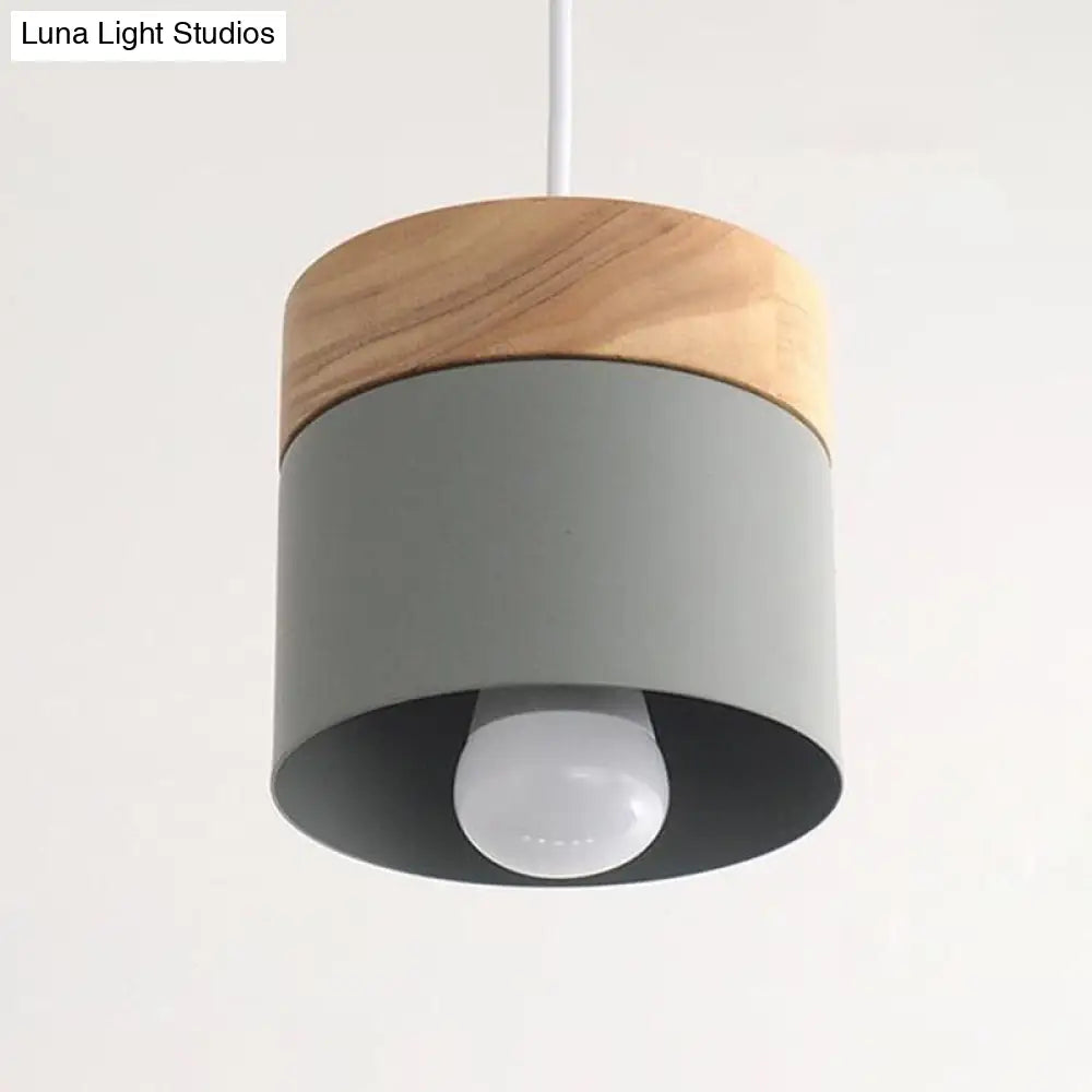 Sleek Metal Cylinder Pendant Light With Wood Top - Ideal For Dining Room Décor Khaki