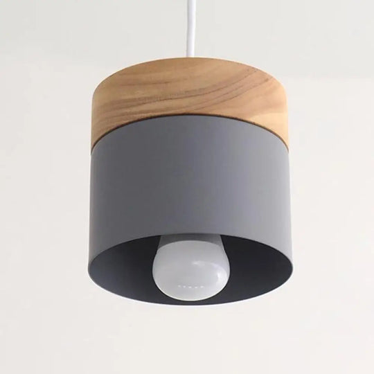 Sleek Metal Cylinder Pendant Lamp With Wood Top - 1-Bulb Down Lighting For Dining Room Grey