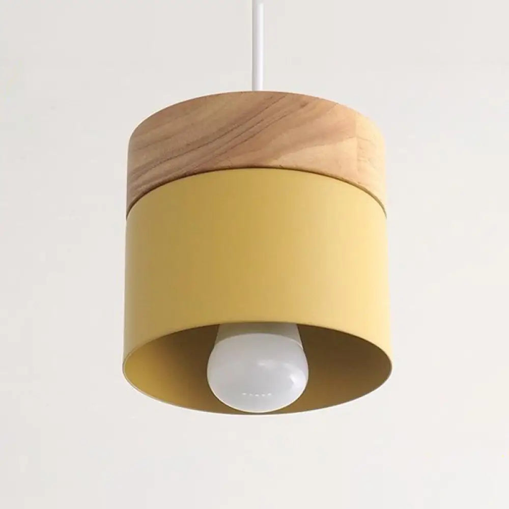 Sleek Metal Cylinder Pendant Lamp With Wood Top - 1-Bulb Down Lighting For Dining Room Yellow