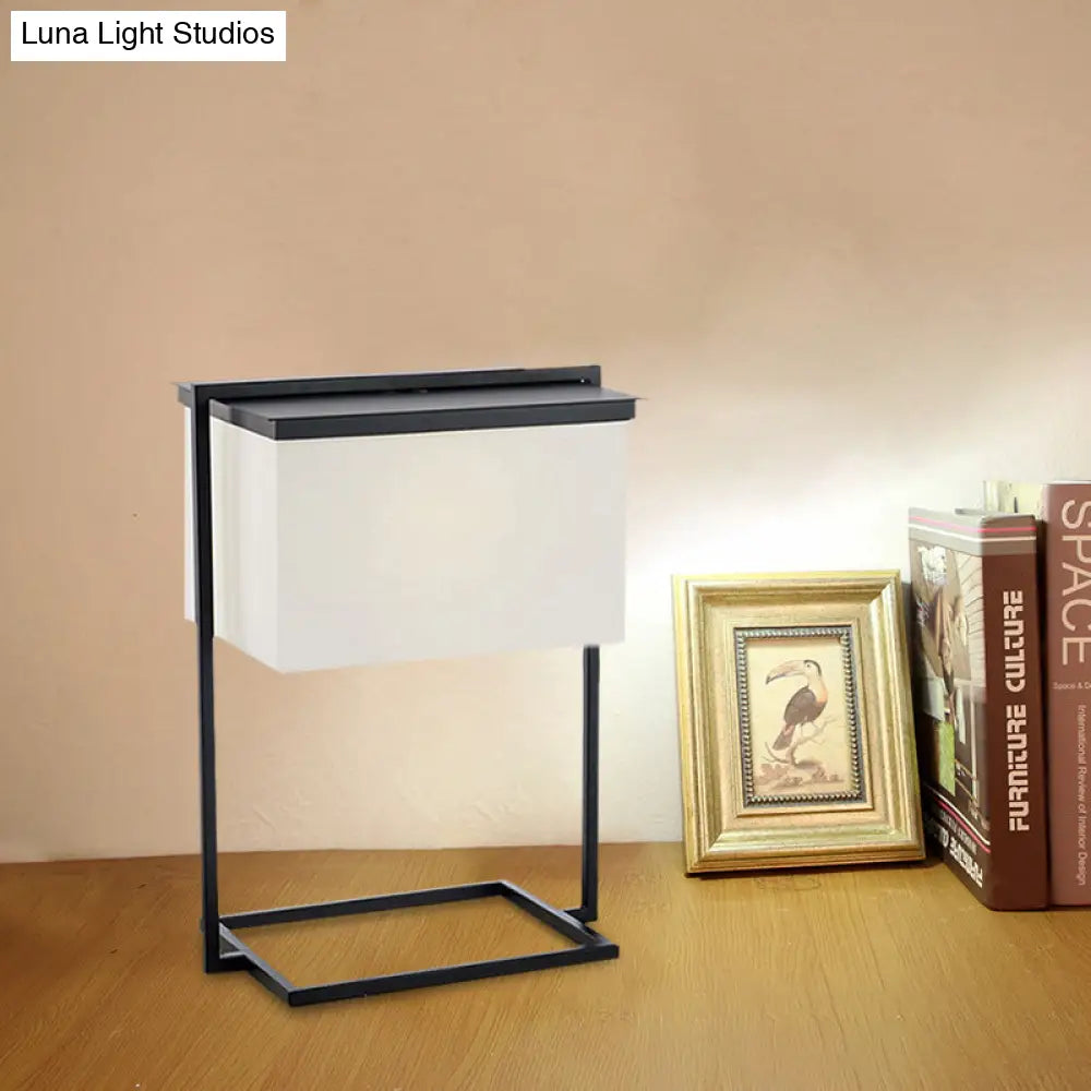 Sleek Metal Desk Lamp: Minimalist Rectangular Frame 1-Head Black & White Fabric Ideal For Night