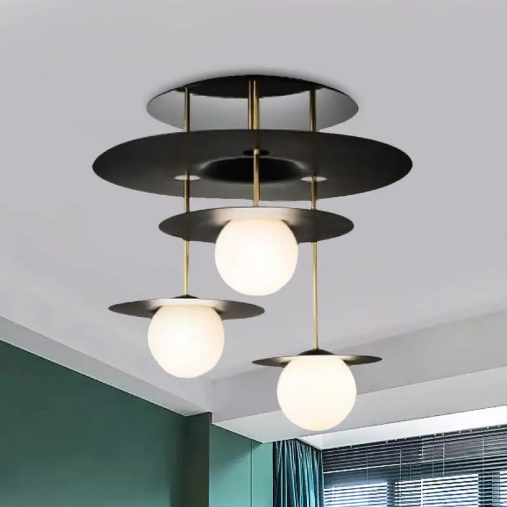 Sleek Metal Disk Flush Light Fixture With Modernist Design - 3 Bulbs Black Semi Mount Ceiling Lamp
