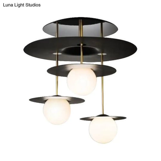 Sleek Metal Disk Flush Light Fixture With Modernist Design - 3 Bulbs Black Semi Mount Ceiling Lamp