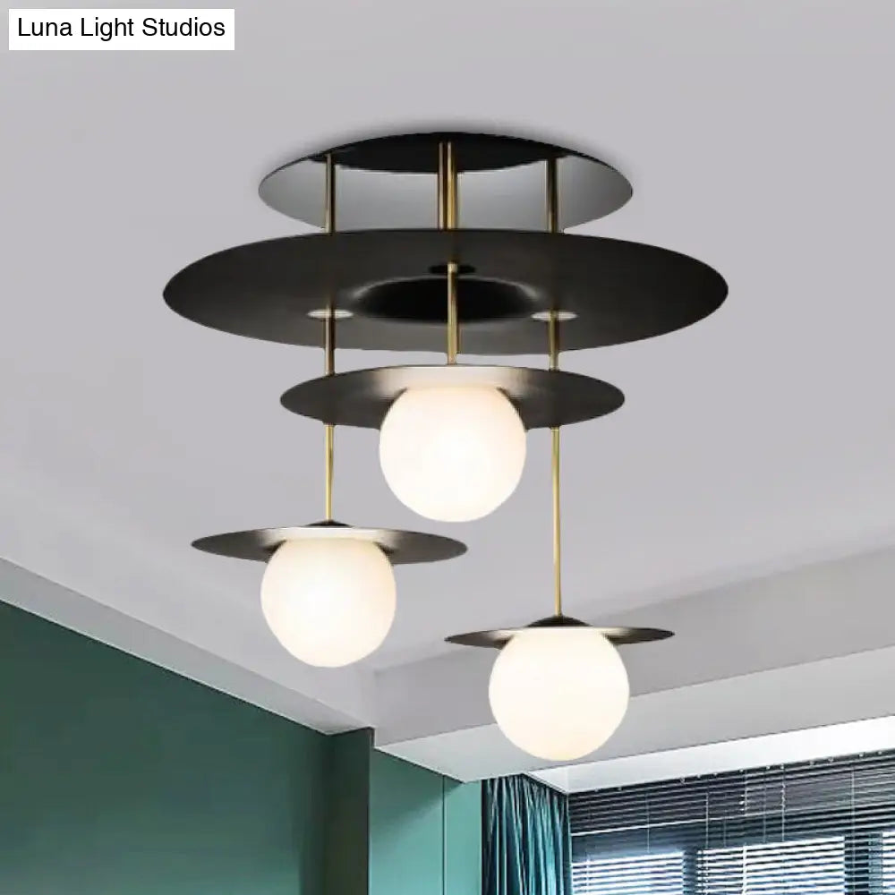 Sleek Metal Disk Flush Light Fixture With Modernist Design - 3 Bulbs Black Semi Mount Ceiling Lamp