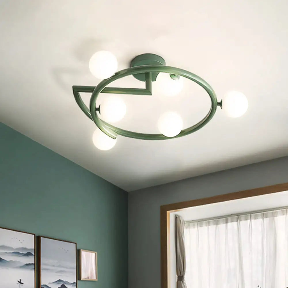 Sleek Metal Halo Ring Semi Flush Lighting - 5 Led Lights In Green For Bedroom