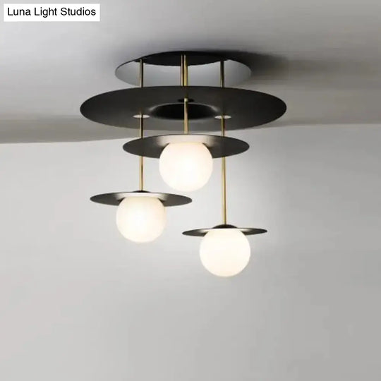 Sleek Metal Semi Flush Light With 3-Head Design: Modern Black Ceiling Lighting Featuring Opal Glass