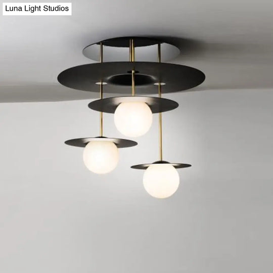 Sleek Metal Semi Flush Light With 3 - Head Design: Modern Black Ceiling Lighting Featuring Opal