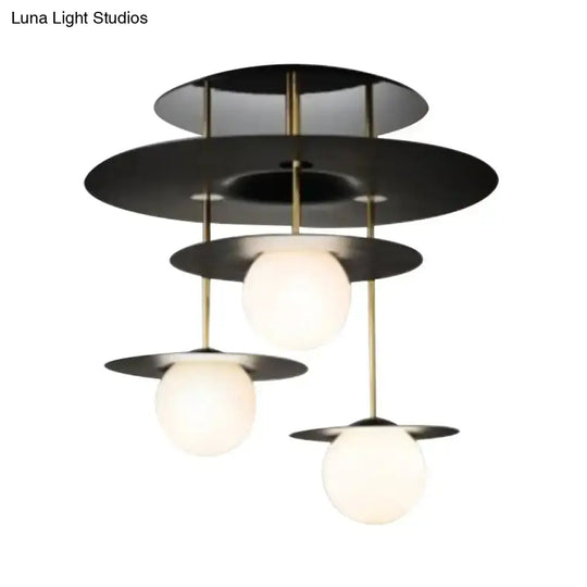 Sleek Metal Semi Flush Light With 3-Head Design: Modern Black Ceiling Lighting Featuring Opal Glass