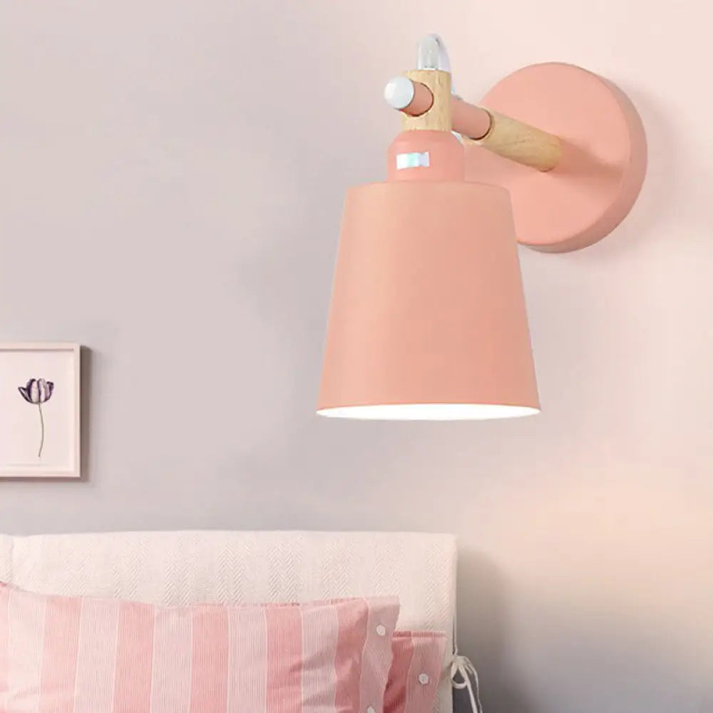 Sleek Metallic Wall Light With Tapered Shade - Stylish 1 Head Fixture For Bedroom Pink