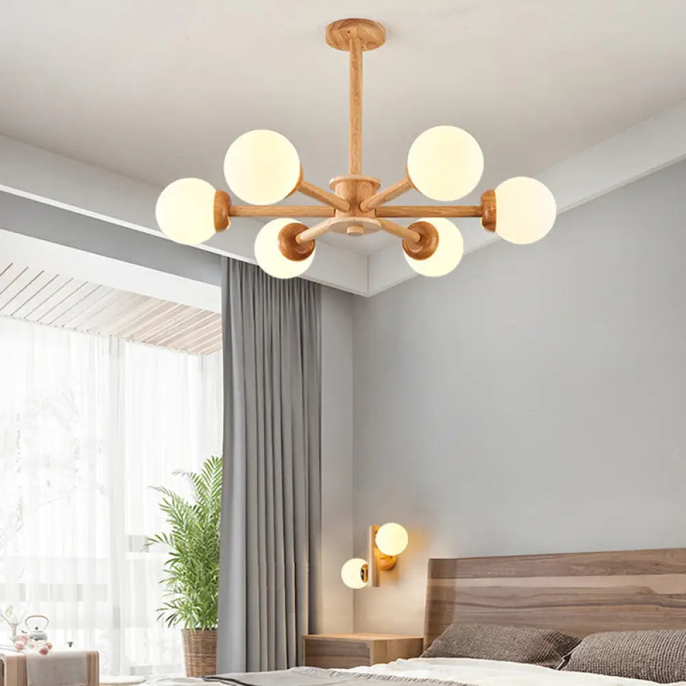Sleek Minimalist Cream Glass Bedroom Chandelier Light With Wood-Embellished Modo Shaped
