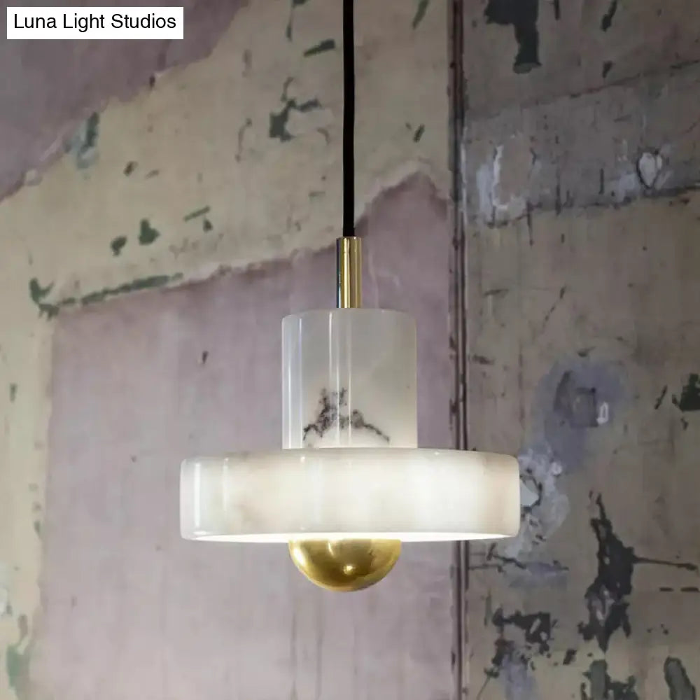 Sleek Minimalist Pendulum Light Marble 1-Bulb Dining Room Pendant In White & Brass